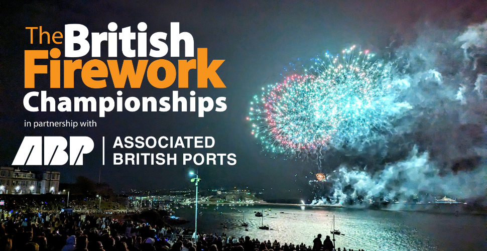 Fireworks on Plymouth Hoe with Associated British Ports logo on the left on side